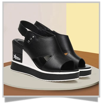 Mode Peep Toe, Non-Slip Øge Sko 8cm Kvinde Bærbare Sandaler Sort PU Læder Hule Platform Kiler Rom Sko