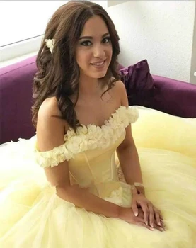 Elegant Gul Quinceanera Kjoler Fra Skulder 3D Blomster Pynt Bold Kjoler 2019 Nye Ankomst Sweet 16 Kjole Billige Prom