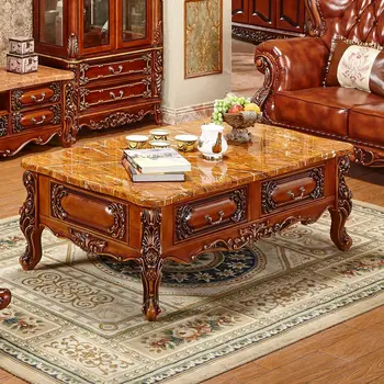 Europæisk stil te bord i massivt træ udskærings stue med skuffe lang te bordet i Amerikansk stil marmor te tabel opbevaring te