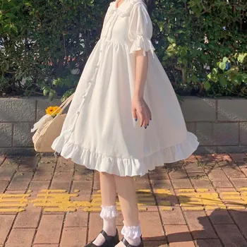 2021 Nye Japanske Søde Lolita Style Sommeren Kvinder Hvid Kjole Kvinder, Studerende Løs Kjole Flare Ærme Chiffon Søde Kawaii Kjoler