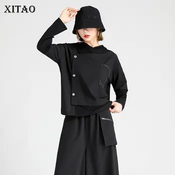 XITAO Black Fashion Hættetrøjer Kvinder Plisserede Lomme Løs og Alsidig Oprindelige Design med Sans for Mode og Værktøj Wind Top WMD1832