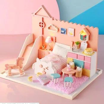 DIY sommerhus prinsesse dukke hus håndlavet gave mini samlet pink house-modellen gør fødselsdag gave