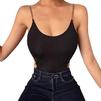 2021 Kvinder Sexy Buksedragt Slynge Kæde Solid Farve Talje Hollow Slim-Knappen Design bodysuit Buksedragt Romper
