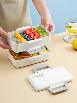 Mikrobølgeovn Varme i Japansk stil Bærbare Kontor Arbejdstagere, Mænd og Kvinder, Enkel og Høj-værdi-Dobbelt-lag Bento Lunch Box