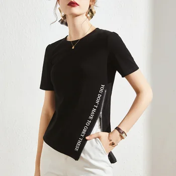 Ediwallen Mode Lynlås Split T-shirt til Kvinder kortærmet Sommer 2021 Nyt Design, Uregelmæssig Top Udenlandske Style Small Shirt Piger