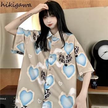Hikigawa Japansk kortærmet Bluse Kvinder Sommeren Vintage Kærlighed Udskrivning BF Stil Løs Shirts Mode Turn Down Krave Toppe
