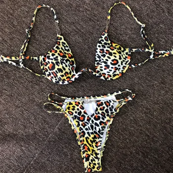 Sexy V-bar Bøjle Bikini 2021 Kvindelige Badedragt Kvinder Badetøj To-stykke Leopard Bikini Sæt Badende badedragt Svømme Badetøj