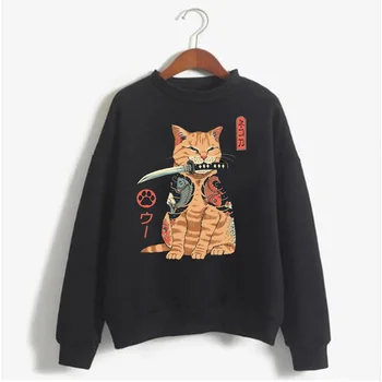 Anime Harajuku Tøj Sweatshirt Mode Cool Sweatshirt Cat Warrior Print Hoodie Sweatshirt 90'erne Mænd WomenUnisex Top Sportstøj