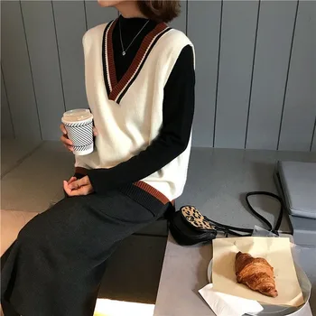 Sweater Vest Kvinder Smart Casual Jakke Strikket Preppy Stil Alle-match Harajuku Street Femme Trøjer Løs Studerende Stilfulde