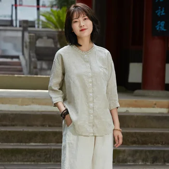 Sommeren Japansk bomuld og linned skjorte stand-up krave tre-kvart ærmer løs i stor størrelse solbeskyttelse top women