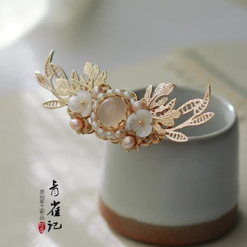 Antik Stil Hovedklæde Naturlige Perle Kalcedon Guld Tuinga Hårnål Kinesisk Tøj, Hår Tilbehør Tilbehør Hovedklæde