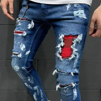 Forår Sommer Mænds Baggy Jeans Multi Lommer Revet Huller Denim Midten af Elastisk Talje Kvast Tynde Nødlidende Denim Jeans