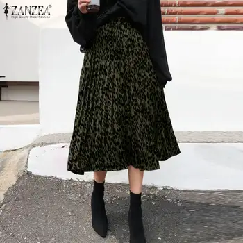 ZANZEA Kvinder Mode Nederdele 2021 Sommeren Leopard Print Midi-Casual Nederdele Plisserede Elastisk Talje Bunden A-line Nederdel Oversize
