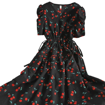 2021 sommer søde kirsebær trykt kjole kvinder v-hals, slank puff ærmer big swing a-line kjole