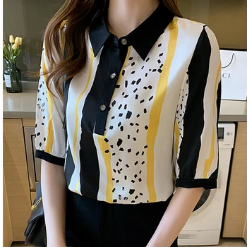 LJSXLS Stribe Bluse Shirt Kvinder Half Sleeve Bluser Kvindelige 2021 Smarte Turn-down Krave Print Damer Toppe koreansk Mode Tøj