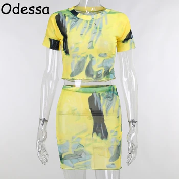 Odessa 2021 Sommer Shorts To delt Sæt Tøj Kvinder Sexet Tie Dye Mesh Short Sleeve Afgrøde Top og Elastisk Talje Shorts 2 Stykker