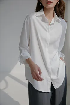 Forår sommer dame langærmet Simpel måde Solid Hvid Bluse Kvinder 2021 Shirt Kvinder Casual løs anti-rynke design Toppe