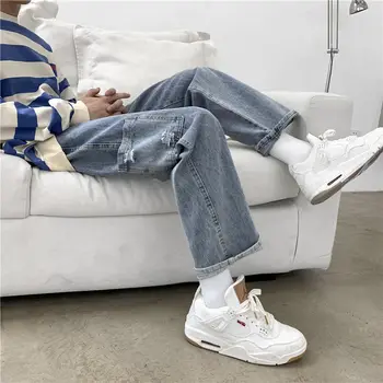 Koreanere Wide-ben Jeans Mænds Mode Afslappet Retro Pocket Jeans Mænd Streetwear Løs Hip-hop Rippet Lige Denim Bukser Herre