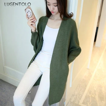 Lugentolo Kvinder Lang Sweater Efterår Strikket CardiganNew Koreansk Stil Løs Solid Farve Lomme Kvindelige Simple Mode Sweater