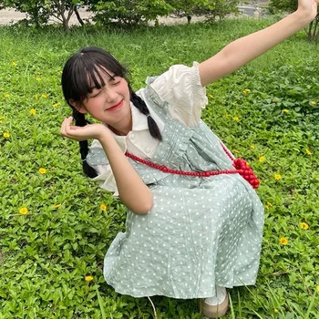 Korejepo Kvinder 2 delt Sæt 2021 Sommer Ny Sød Japansk Stil Polka Dot Hofteholder Kvindelige Søde piger A-linje, Dukke Kjole Solid Skjorte