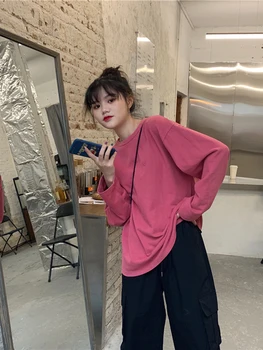 Flerfarvet til Kvinder T-Shirt Fast Casual Løs Broderi Wild O-neck Pullover med Lange Ærmer Kvindelige koreanske Ins Harajuku Tøj