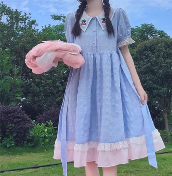 Sød Pige, Kawaii Lolita Sommeren nye Japansk pige, sød kirsebær broderi dukke krave puff ærmer kjole