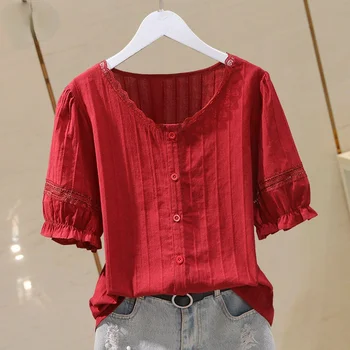 Cottton Rød Kvinder Shirts Sommeren Nyt Design 2021 Blonder Patchwork Slanke Kvinder Outwear Bluse Toppe Vintage Overdimensionerede 5XL