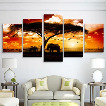 5 stk Elefant under træet i den Afrikanske HD Plakater Væg Kunst, Modulære Olie Moderne Lærred Kunst Rammer Væggen Soveværelse Billede