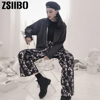 2019 Mode Kvinders Bukser med Elastik i Taljen Harajuku Kinesiske Tegn, der er Trykt Løse bukser hvid farve med høj stribet bred ben bukser
