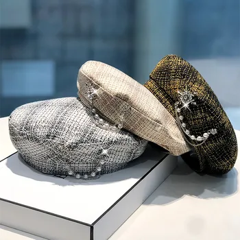Beret Maler Ottekantede for Cap Hatte Diamant Dekoration Perler fransk Baret Forskønnelse Kvinder Hat med Luksus Plaid Designer B