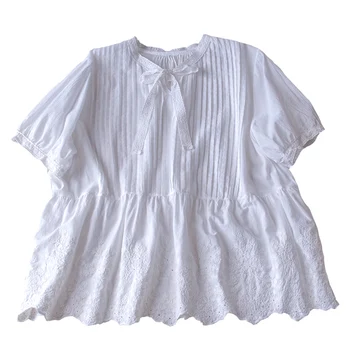 TIYIHAILEY Gratis Fragt 2021 Sommer Bomuld Toppe For Kvinder kortærmet O-Neck t-Shirts Hvid Japan Style Løs Broderi Bandage