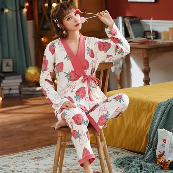 Bomuld Pyjamas Sæt Kvinder Vinteren Søde Japanese Style Sød V-hals Sove Toppe Kimono Langærmet Fortykket Homewear Nattøj