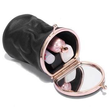Makeup Sag Små Bærbare Ægte Læder Læift Opbevaringspose Med Spejl Parfume Smykker Organizer Lomme Mini Cosmetic Bag