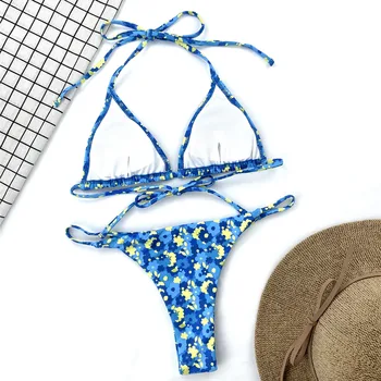 Sexet Kvinder Blå Badetøj Blomst 2021 Sommeren Dame Blonder Forbinding Bikini Sæt Push-up Bh badetøj Brasilianske Biquini Badedragt
