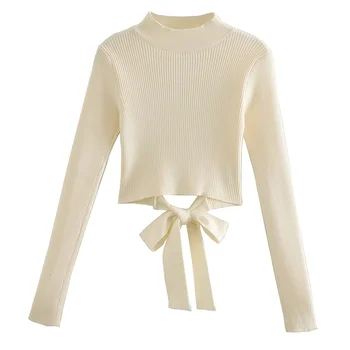 Høj Hals Sexet Kort Sweater 2021 Mode Split-Design Halterneck Bælte Dekoration Lange Ærmer Sweater Streetwea