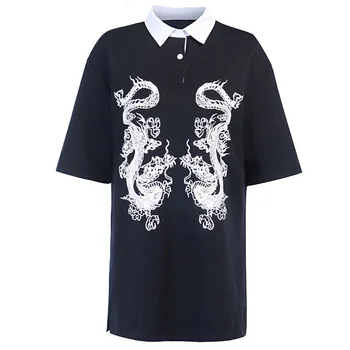 Mørke Schoolgirl Japansk Dragon-print T-shirt til Kvinder Polo Shirt Smuk Loose montering Gamle Følelse