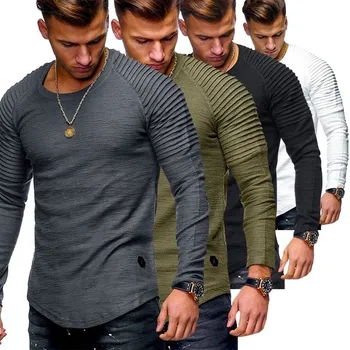 Hot 2021 Ensfarvet Ærmer Plisserede Patch Detaljer Langærmet T-Shirt Mænd Foråret Casual Toppe, Trøjer Mode Slank Basic Toppe