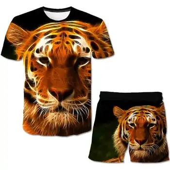 Sommeren Children ' s Nye 3d-Kort-langærmet Trykt Tiger Bukser T-shirt Sæt 4-14t Drenge Og Piger, Hot Sælgere 2021