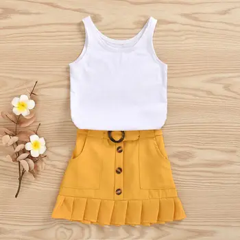 Mode 2STK Toddler Baby Pige Tøj Hvid Sparkedragt uden Ærmer Vest +Gul Plisseret Nederdel Børn Sommer Tøj Tøj Sæt