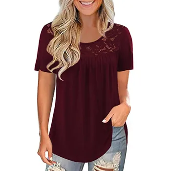 Kvinder Sommer Bluse Mode Blonder Solid Splejsning O-Hals Kortærmet T-Skjorte Bluse Toppe Summer Print Dame Top Shirt Kvindelige 2021