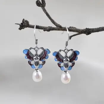 Designer oprindelige nyt porcelæn emalje indlagt pearl butterfly øreringe elegante og fine sølv smykker til piger