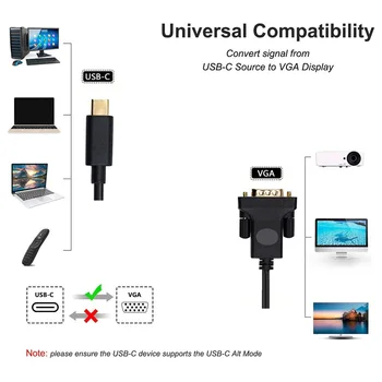 USB-C til VGA-Kabel Type C USB3.1 til VGA Adapter Kabel Projektor Skærm Converter til MacBook Pro Overflade Bog, Computer, TV
