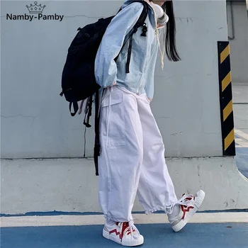 Koreansk Stil Hvid Cargo Bukser Kvinder Hippie Streetwear Oversize Bred Ben Sorte Bukser til Kvinder Vintage Grunge Mode