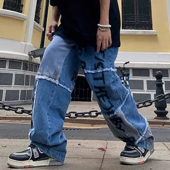 Mænds løs patchwork-syning graffiti jeans straight-ben bukser tatted streetwear punk Harajuku Gotiske hip-hop bukser
