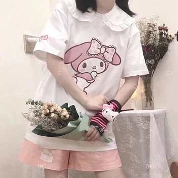 Sommeren Japansk Kort-langærmet Tegnefilm Print Søde Pige T-shirt Pink Dukke Krave Løs Bløde Pige Sød T-shirt Kvindelige Studerende Tidevandet