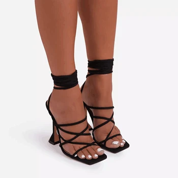 Toprincess Nye Black Lace-Up Sko Tyk Høje Hæle Sandaler Bøde på Tværs af Sandaler til kvinder