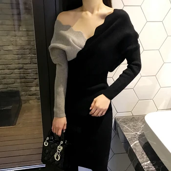 Nye koreanske Kvinders Slim v-Krave Kampen Farve High-waisted langærmet Sweater Strik Stretch Pakke Hip Kjole