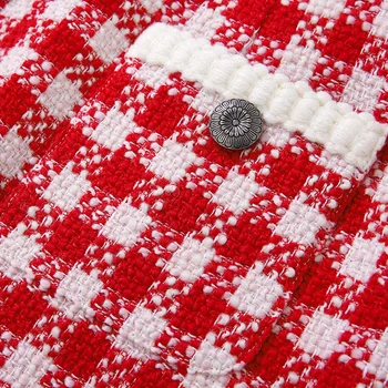Red koreanske kvinder hvid plaid tweed mini-2021 forår, efterår, vinter høj talje a-line nederdele OL vintage elegant nederdel y631