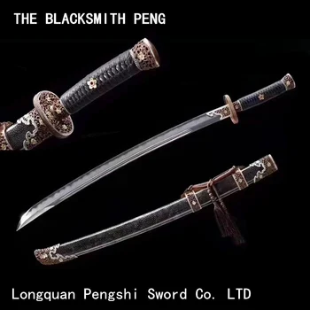 Autentiske Kinesiske Longquan sværd/mongolsk scimitar med haj-hud af skeden/Mønster stål brændende blade slibning Qing sværd