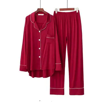 Pyjamas Sæt i Foråret Efteråret Feminine пижама Modal Behageligt Varmt Nattøj Kvinder Turn-Down Krave Lange Ærmer Løs Homewear